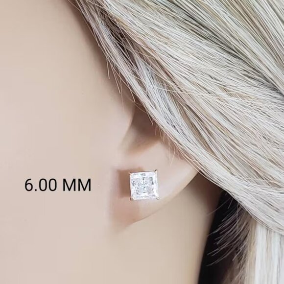 14k solid yellow gold stud earrings princess cut simulated diamonds 6mm - Picture 4 of 4